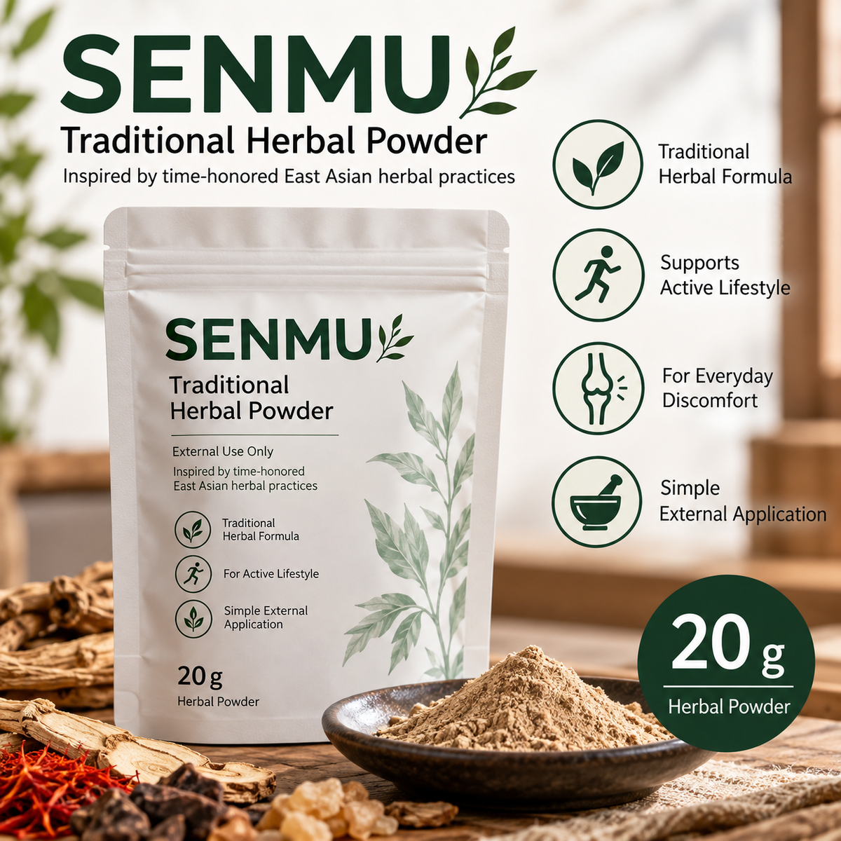 SENMU Traditional Herbal Powder 20g product packaging