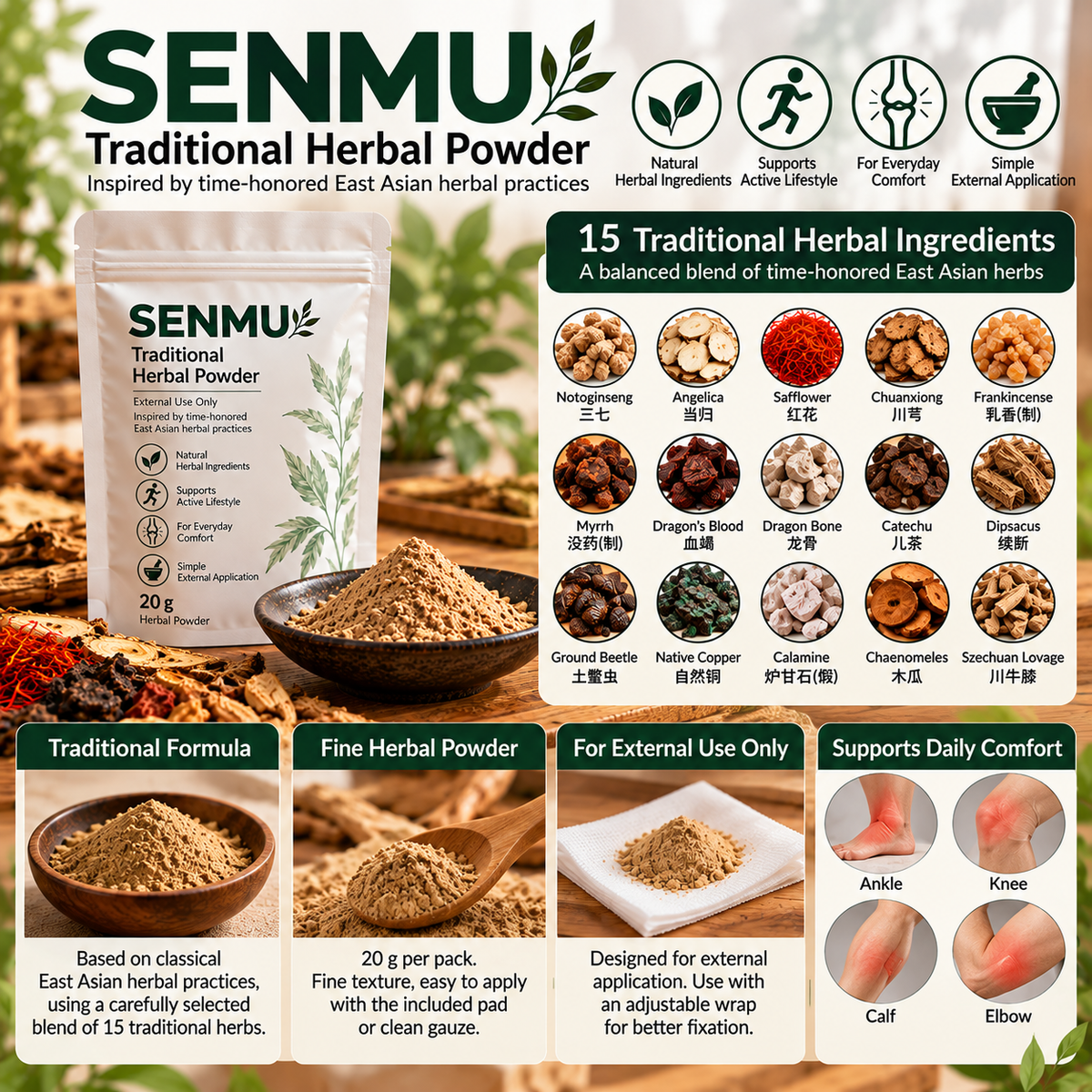 Traditional herbal ingredients in SENMU Herbal Powder